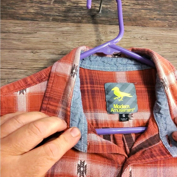 Modern Amusement Plaid Rust Orange Button Down Shirt - Picture 8 of 8